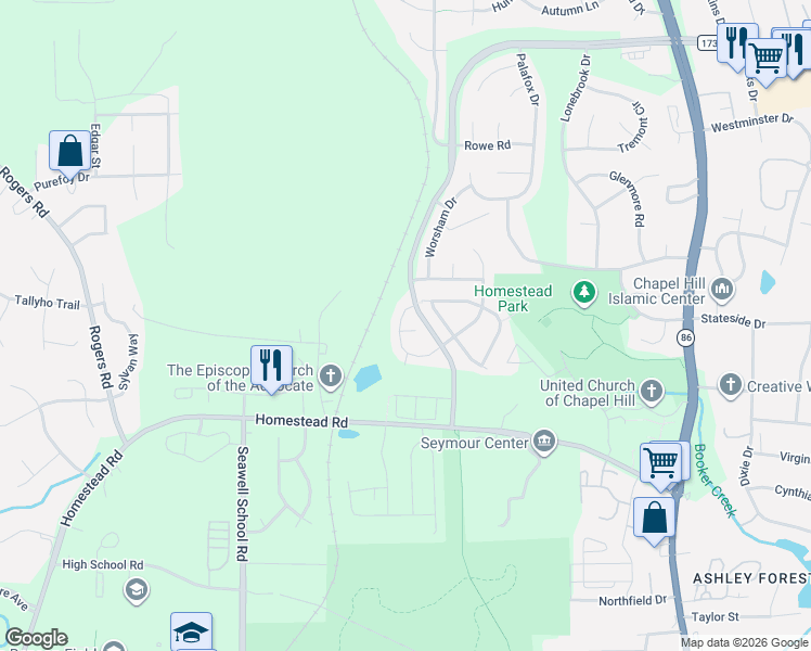 map of restaurants, bars, coffee shops, grocery stores, and more near 307 Sonoma Way in Chapel Hill