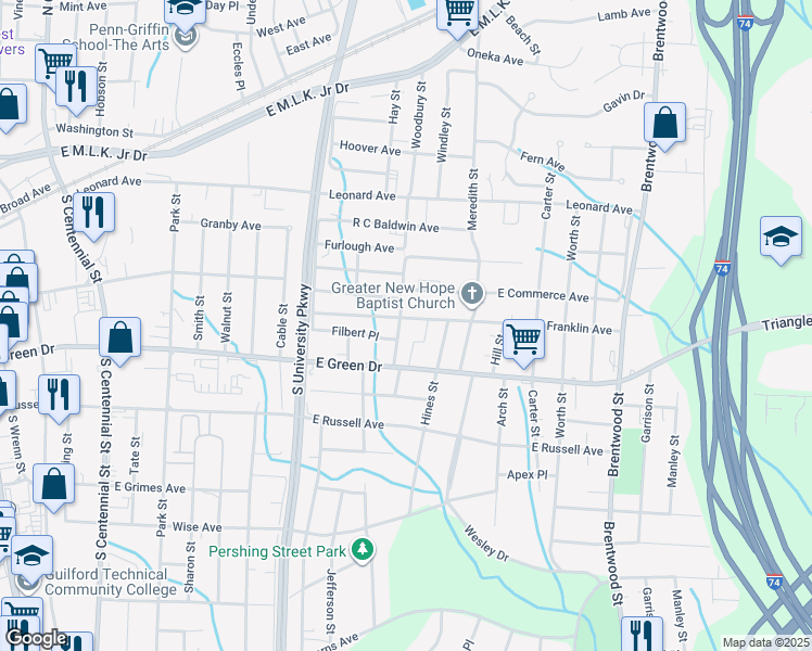map of restaurants, bars, coffee shops, grocery stores, and more near 1308 Franklin Avenue in High Point