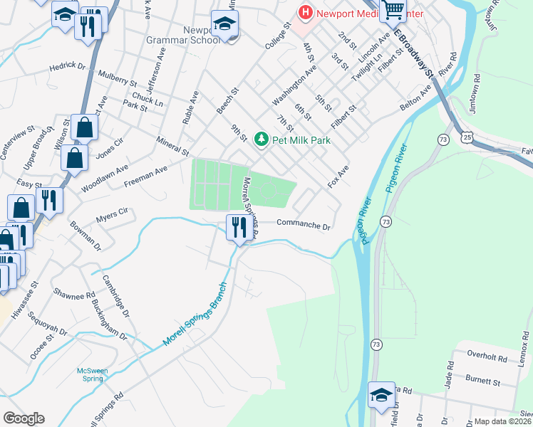 map of restaurants, bars, coffee shops, grocery stores, and more near 642 Commanche Drive in Newport