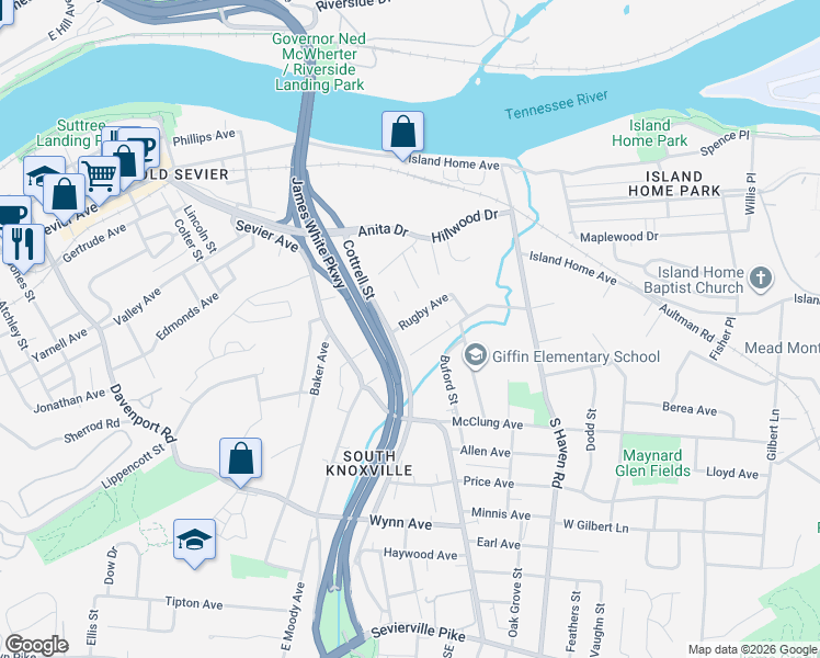 map of restaurants, bars, coffee shops, grocery stores, and more near 1626 Rugby Avenue in Knoxville