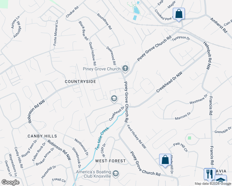 map of restaurants, bars, coffee shops, grocery stores, and more near 2438 Chastity Way in Knoxville