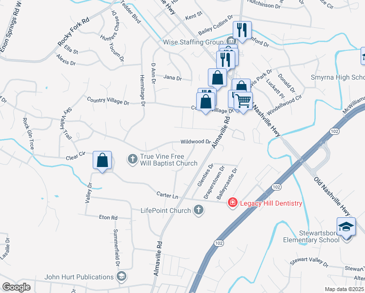 map of restaurants, bars, coffee shops, grocery stores, and more near 300 Battlewood Avenue in Smyrna