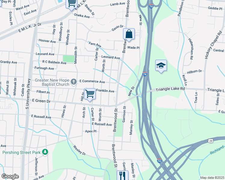 map of restaurants, bars, coffee shops, grocery stores, and more near 1905 Franklin Avenue in High Point