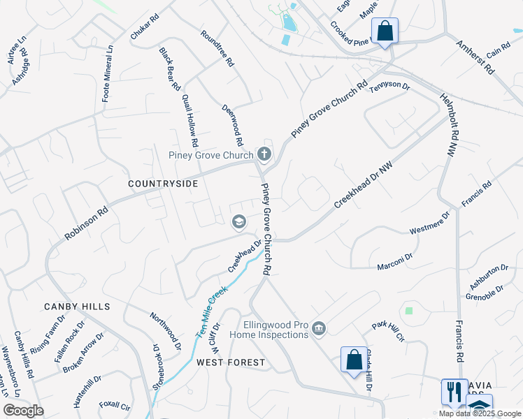 map of restaurants, bars, coffee shops, grocery stores, and more near 2401 Pine Marten Way Northwest in Knoxville
