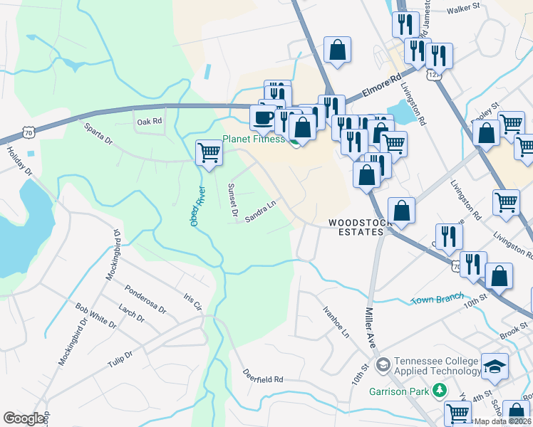 map of restaurants, bars, coffee shops, grocery stores, and more near 67 Sandra Lane in Crossville