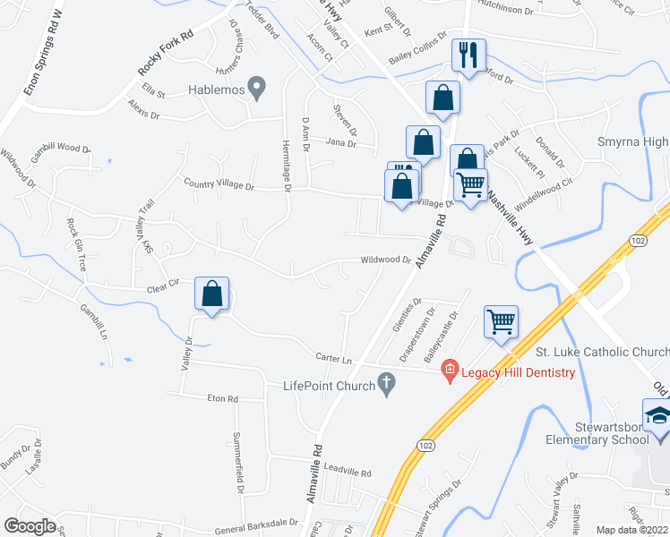 map of restaurants, bars, coffee shops, grocery stores, and more near 400 Cindi Court in Smyrna