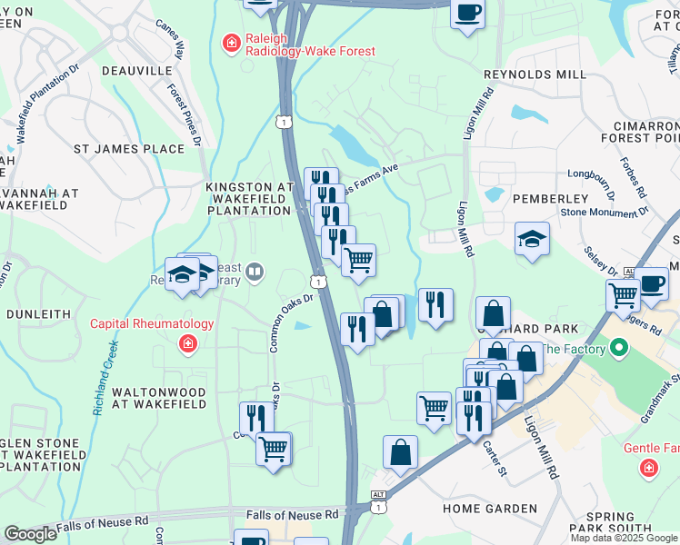 map of restaurants, bars, coffee shops, grocery stores, and more near in Wake Forest