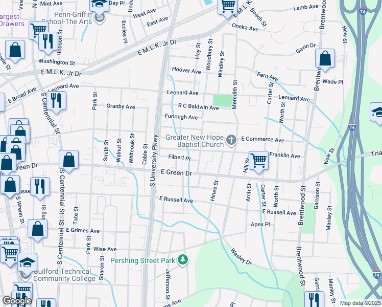 map of restaurants, bars, coffee shops, grocery stores, and more near 1230 Franklin Avenue in High Point