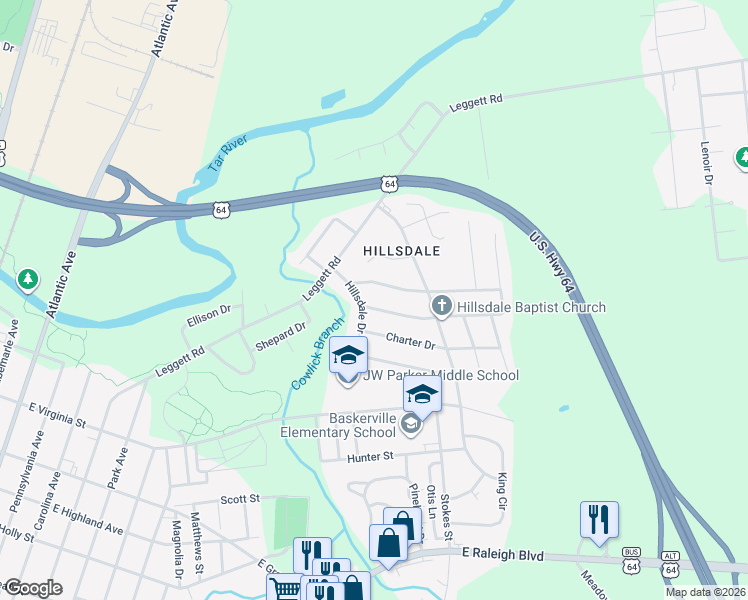 map of restaurants, bars, coffee shops, grocery stores, and more near 1512 Cherry Street in Rocky Mount