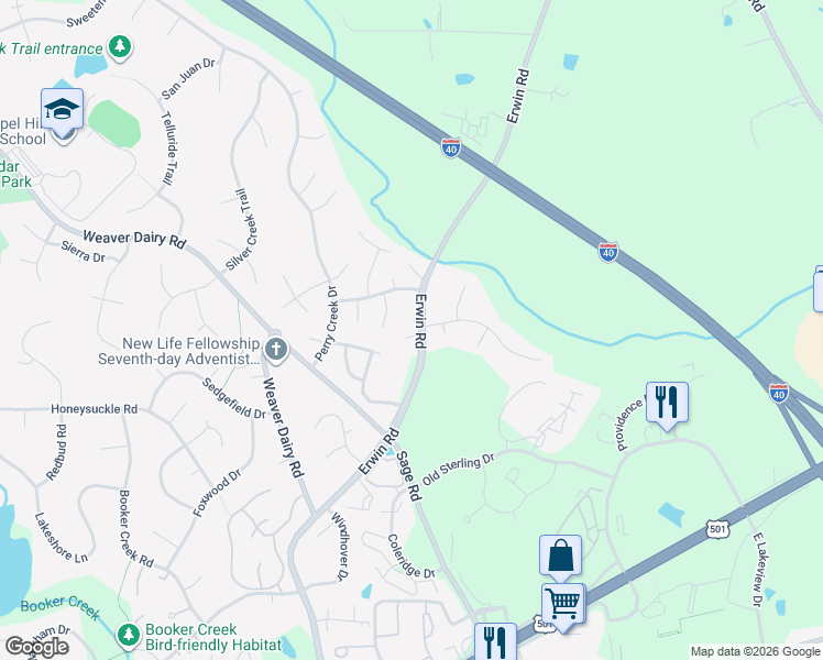 map of restaurants, bars, coffee shops, grocery stores, and more near 311 State Road 1734 in Chapel Hill