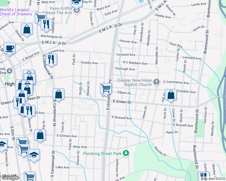 map of restaurants, bars, coffee shops, grocery stores, and more near 1201 Filbert Place in High Point