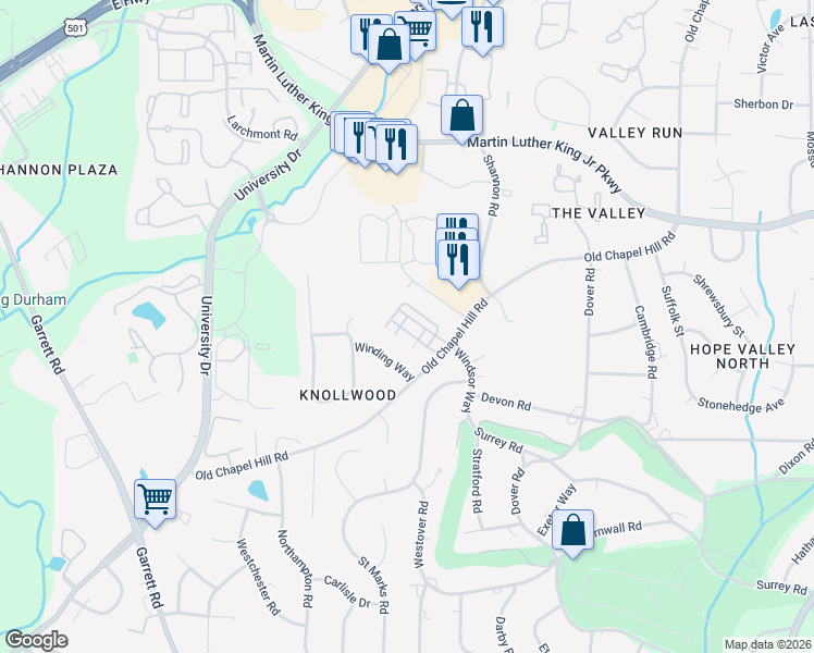 map of restaurants, bars, coffee shops, grocery stores, and more near 707 Derby Ct in Durham