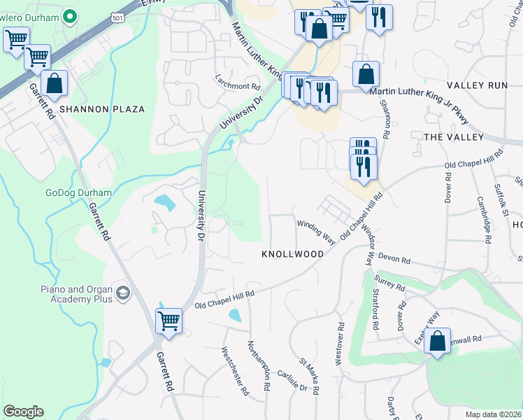 map of restaurants, bars, coffee shops, grocery stores, and more near 4026 Deepwood Circle in Durham