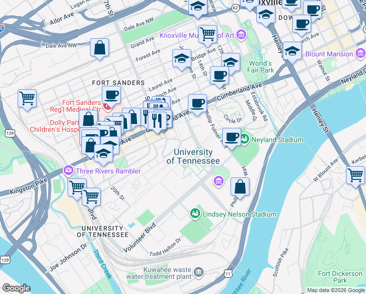 map of restaurants, bars, coffee shops, grocery stores, and more near 1620 Melrose Avenue in Knoxville