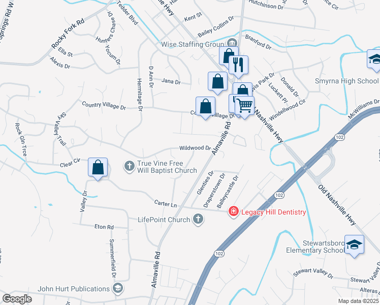 map of restaurants, bars, coffee shops, grocery stores, and more near 300 Battlewood Avenue in Smyrna