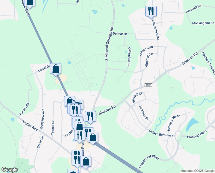 map of restaurants, bars, coffee shops, grocery stores, and more near 1809 South Mineral Springs Road in Durham