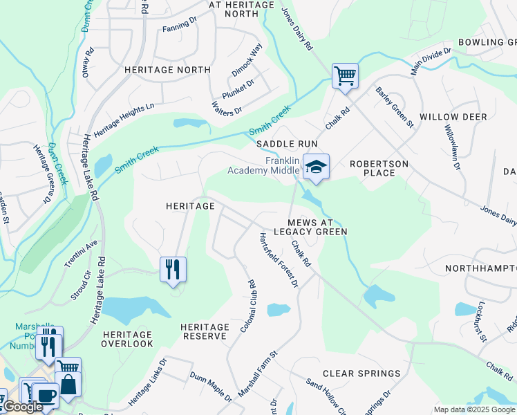 map of restaurants, bars, coffee shops, grocery stores, and more near 1120 Colonial Club Road in Wake Forest