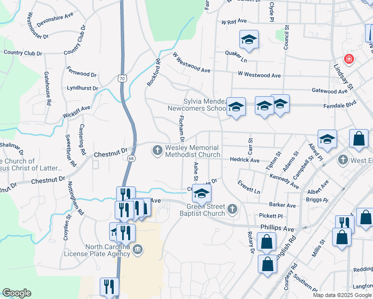 map of restaurants, bars, coffee shops, grocery stores, and more near 606 Florham Drive in High Point