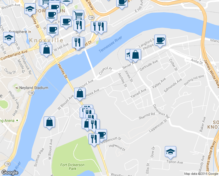 map of restaurants, bars, coffee shops, grocery stores, and more near 416 Mimosa Avenue in Knoxville