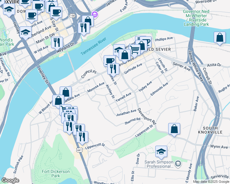 map of restaurants, bars, coffee shops, grocery stores, and more near 2217 Jones Street in Knoxville