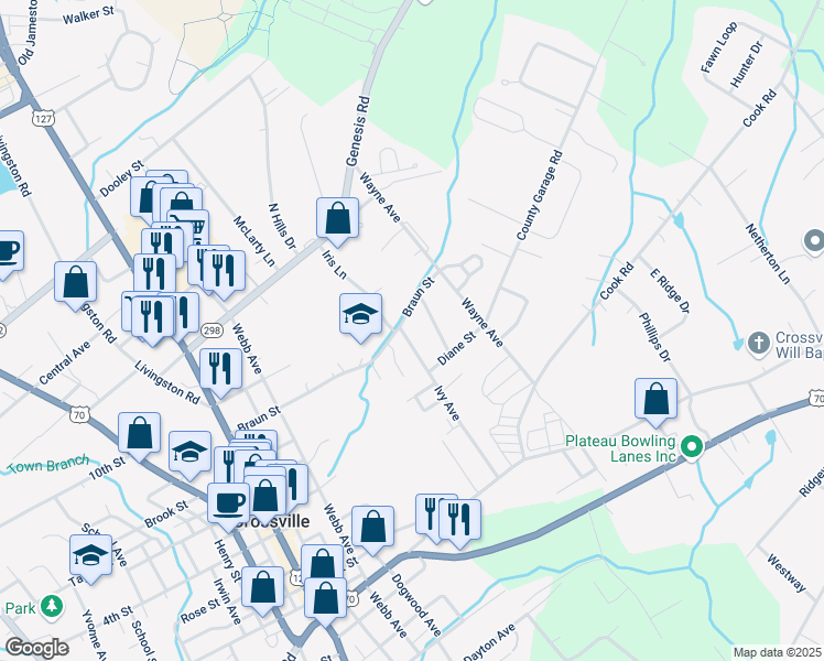 map of restaurants, bars, coffee shops, grocery stores, and more near 370 Ivy Ave in Crossville