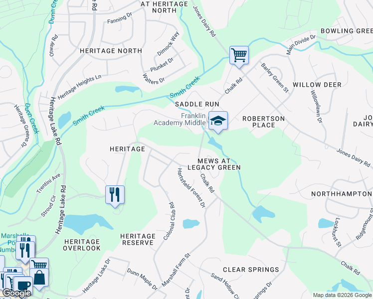 map of restaurants, bars, coffee shops, grocery stores, and more near 1108 Colonial Club Road in Wake Forest