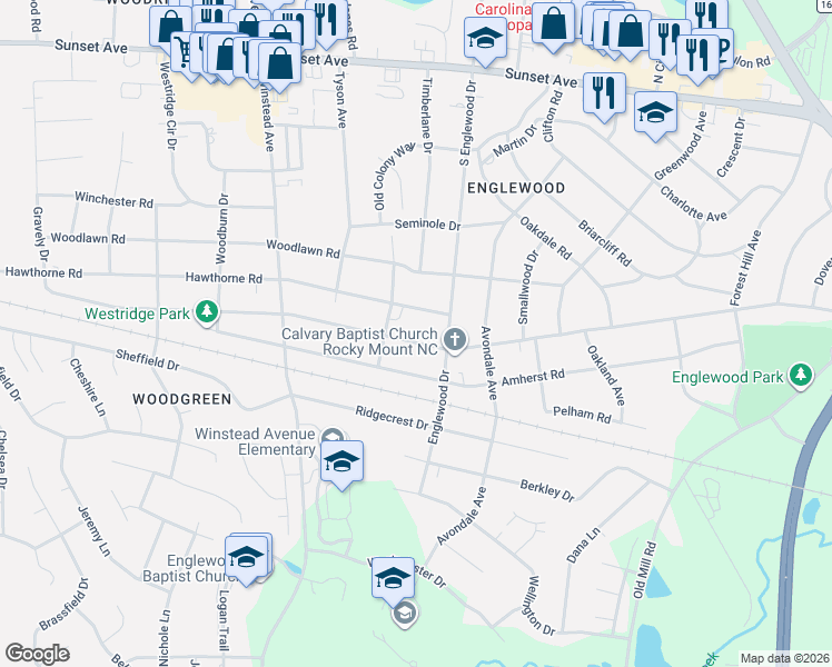 map of restaurants, bars, coffee shops, grocery stores, and more near 3212 Winstead Road in Rocky Mount