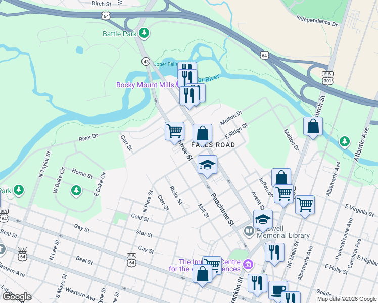 map of restaurants, bars, coffee shops, grocery stores, and more near 907 Peachtree Street in Rocky Mount
