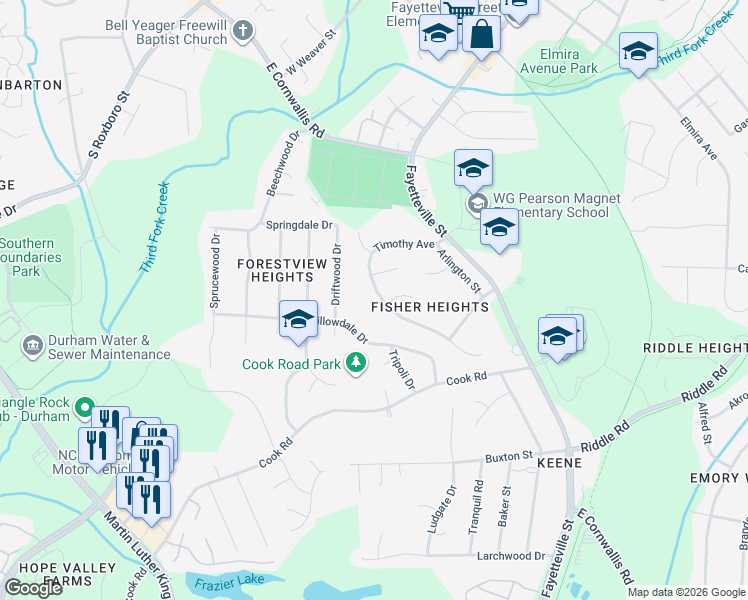 map of restaurants, bars, coffee shops, grocery stores, and more near 3520 4 Seasons Drive in Durham