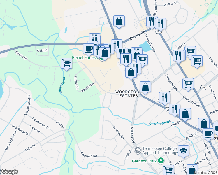 map of restaurants, bars, coffee shops, grocery stores, and more near 248 Sparta Drive in Crossville
