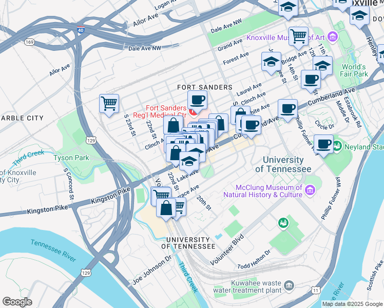 map of restaurants, bars, coffee shops, grocery stores, and more near 2001 Cumberland Avenue in Knoxville