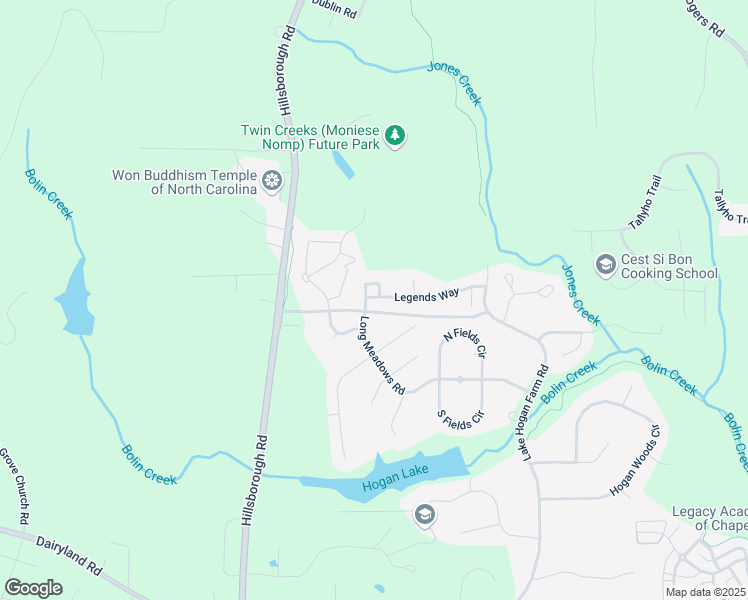 map of restaurants, bars, coffee shops, grocery stores, and more near 405 Legends Way in Chapel Hill