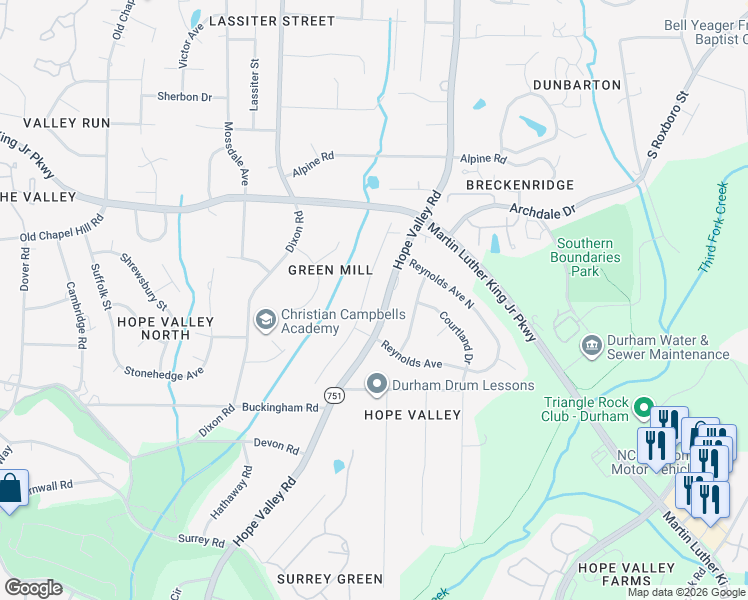 map of restaurants, bars, coffee shops, grocery stores, and more near 3445 Sheridan Drive in Durham