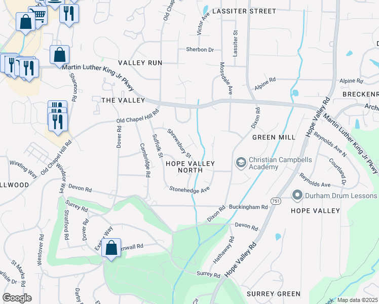 map of restaurants, bars, coffee shops, grocery stores, and more near 3635 Shrewsbury Street in Durham
