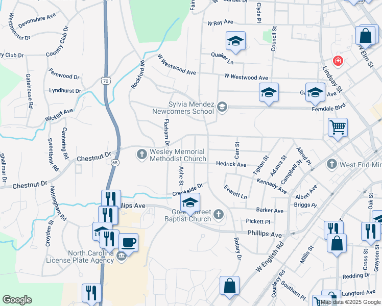 map of restaurants, bars, coffee shops, grocery stores, and more near 607 Spruce Street in High Point