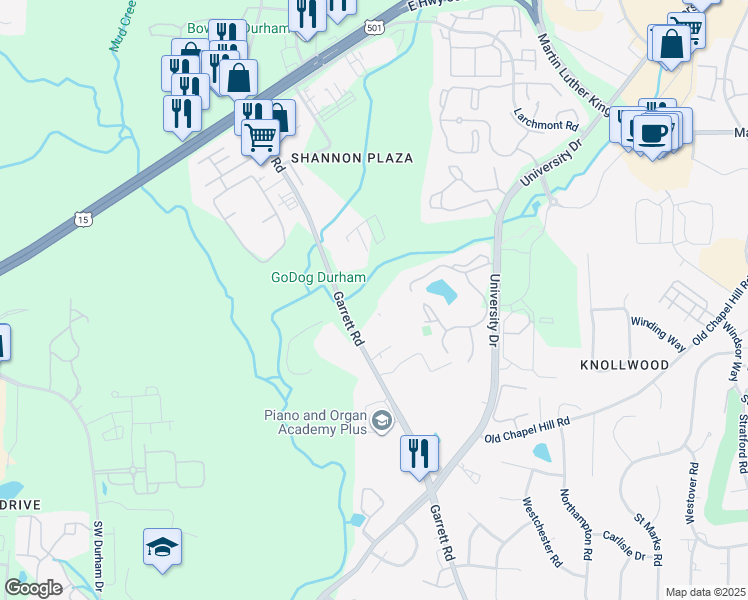map of restaurants, bars, coffee shops, grocery stores, and more near 4315-4689 Garrett Road in Durham