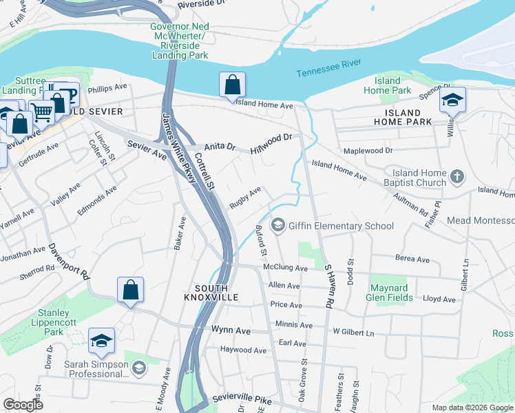 map of restaurants, bars, coffee shops, grocery stores, and more near 1717 Lenland Avenue in Knoxville