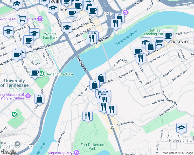 map of restaurants, bars, coffee shops, grocery stores, and more near 211 East Blount Avenue in Knoxville