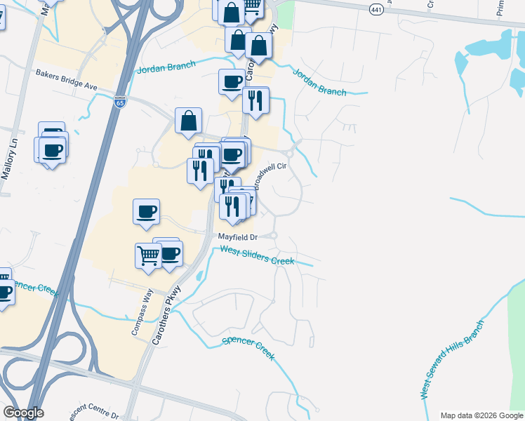 map of restaurants, bars, coffee shops, grocery stores, and more near 300 Ferris Court in Franklin