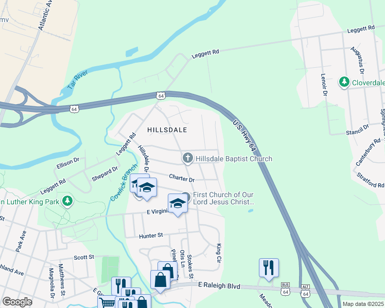 map of restaurants, bars, coffee shops, grocery stores, and more near 1617 Fountain Street in Rocky Mount