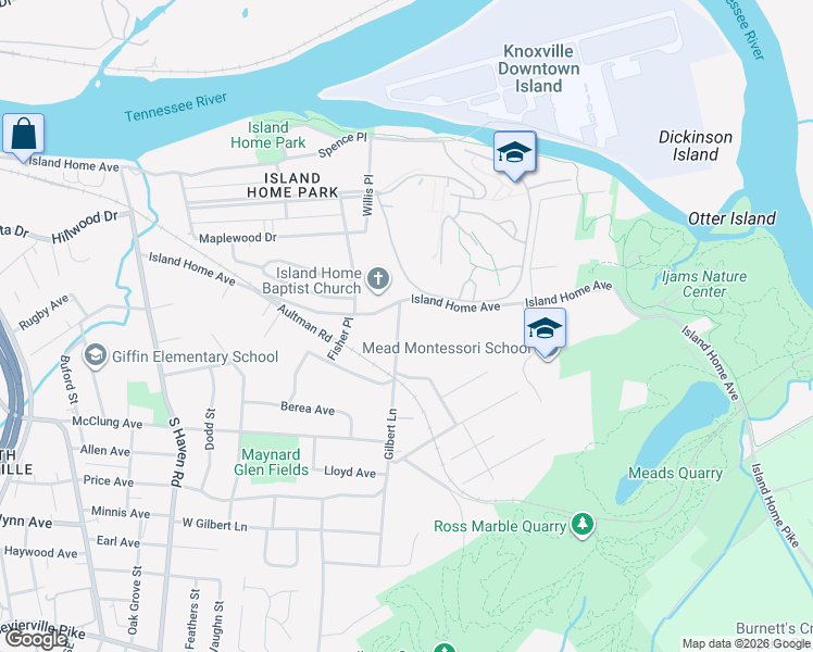 map of restaurants, bars, coffee shops, grocery stores, and more near 118 Gilbert Lane in Knoxville