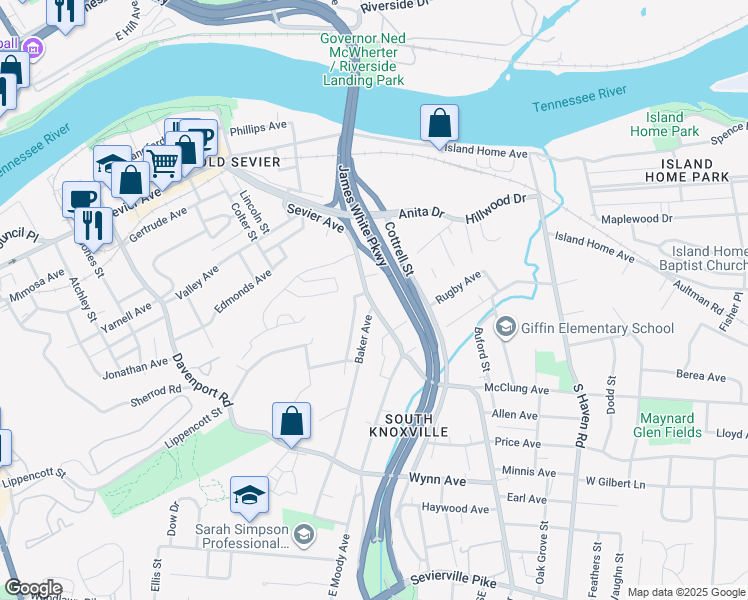 map of restaurants, bars, coffee shops, grocery stores, and more near 2624 Sevier Avenue in Knoxville