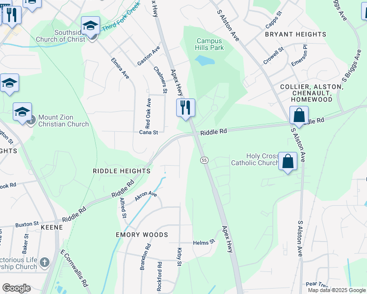 map of restaurants, bars, coffee shops, grocery stores, and more near 2507 Kirby Street in Durham
