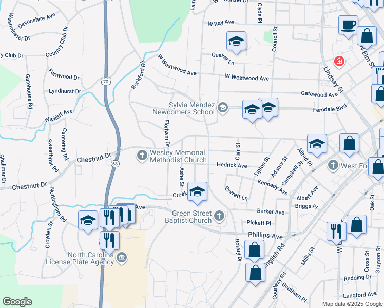 map of restaurants, bars, coffee shops, grocery stores, and more near 607 Spruce Street in High Point