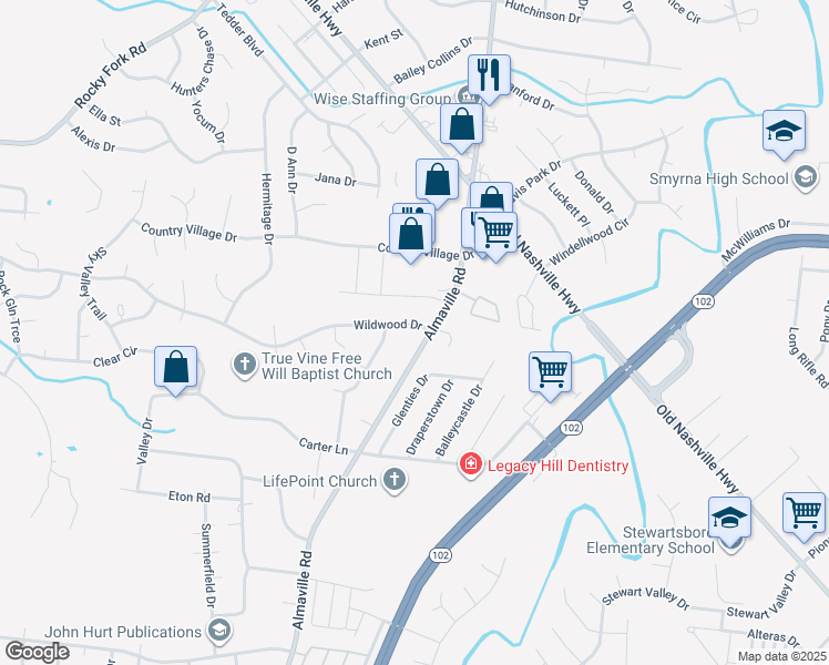 map of restaurants, bars, coffee shops, grocery stores, and more near 200 Almaville Road in Smyrna