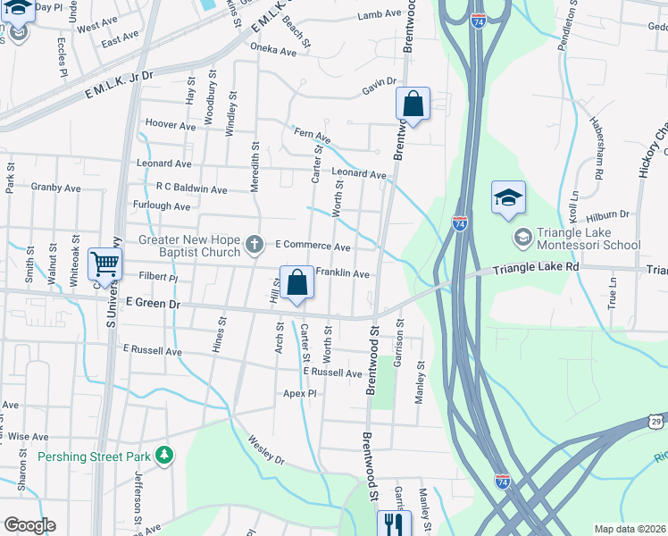 map of restaurants, bars, coffee shops, grocery stores, and more near 1801 Franklin Avenue in High Point
