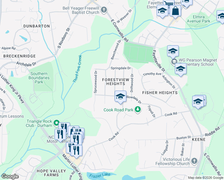 map of restaurants, bars, coffee shops, grocery stores, and more near 2920 Kanewood Drive in Durham