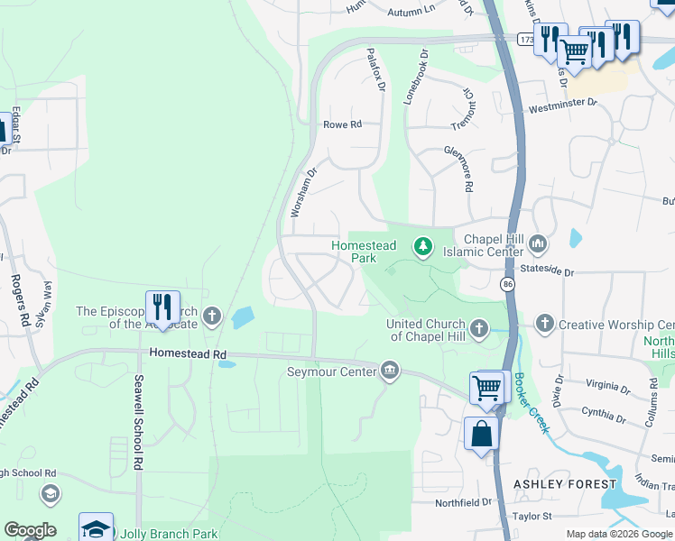 map of restaurants, bars, coffee shops, grocery stores, and more near 222 Napa Valley Way in Chapel Hill