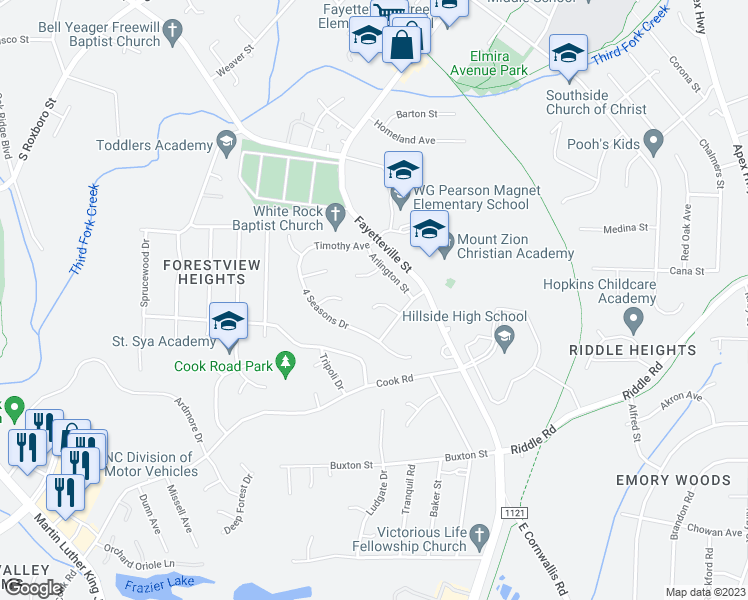 map of restaurants, bars, coffee shops, grocery stores, and more near 12 Bonsell Place in Durham