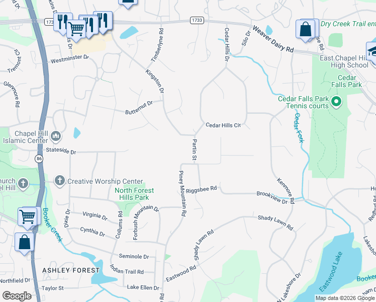 map of restaurants, bars, coffee shops, grocery stores, and more near 105 Partin Street in Chapel Hill